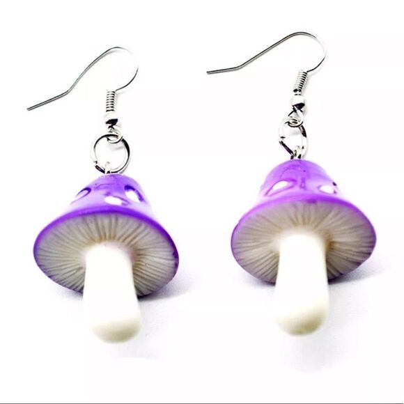 Purple Mushroom Drop Earrings Psychedelic Magic Fun Funky - Picture 2 of 4